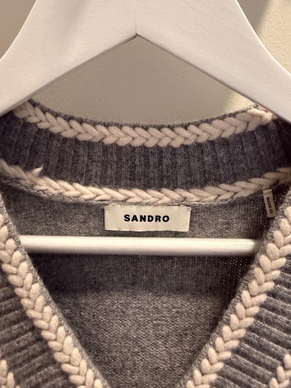 Sandro Gray Sweater with Cream Braided Trim Accent - Picture 2 of 4